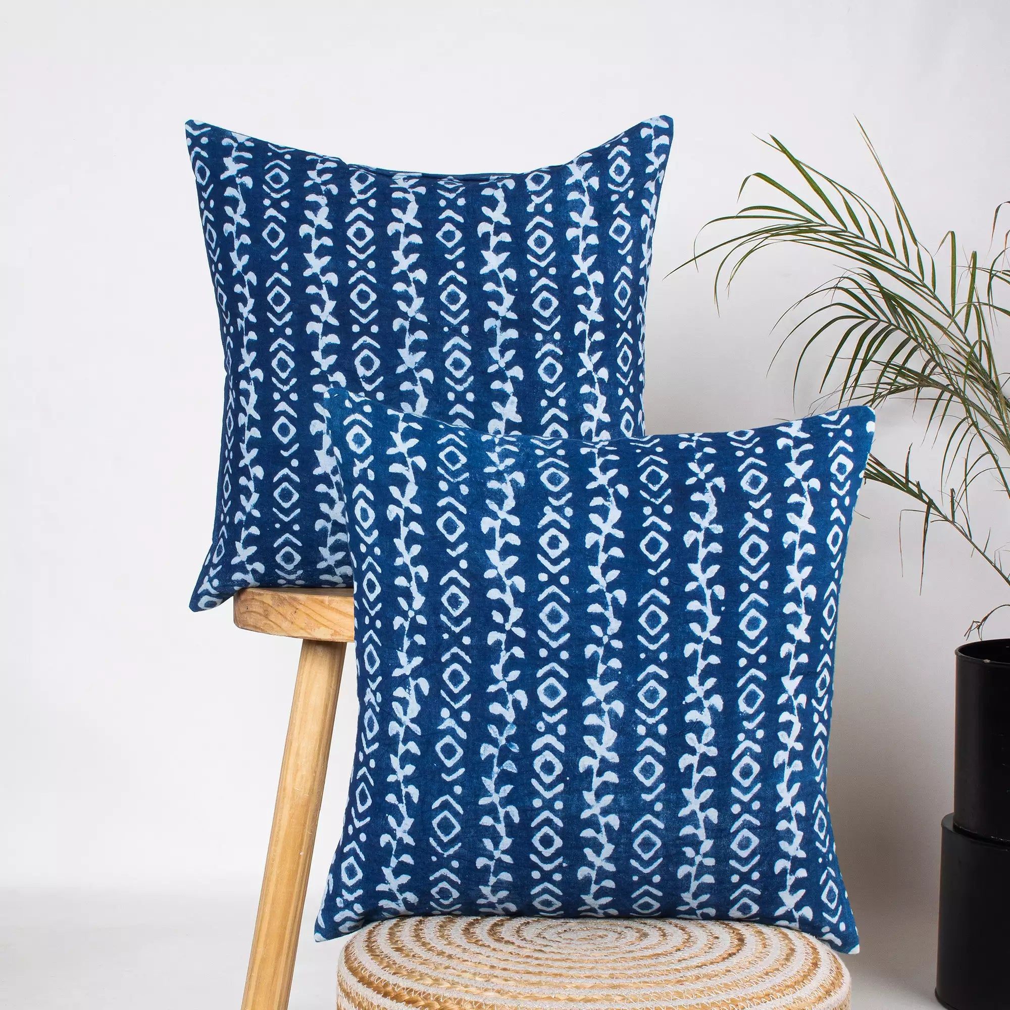 Hand Block Indigo Abstract Printed Pure Cotton Cushion Covers